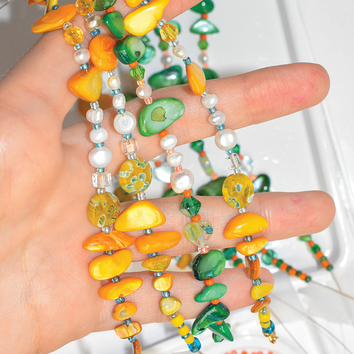 Jagged Freshwater Pearl and Shell Bracelet in Emerald Green
