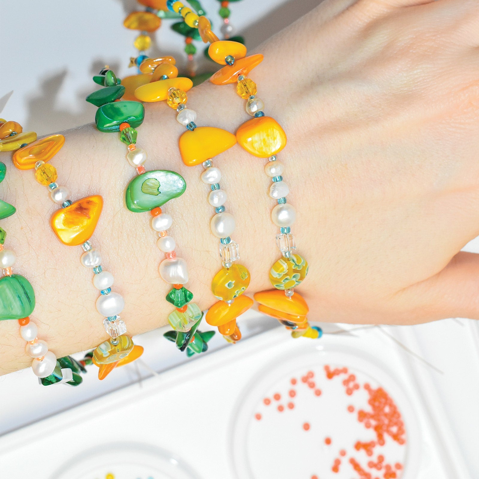 Jagged Freshwater Pearl and Shell Bracelet in Emerald Green