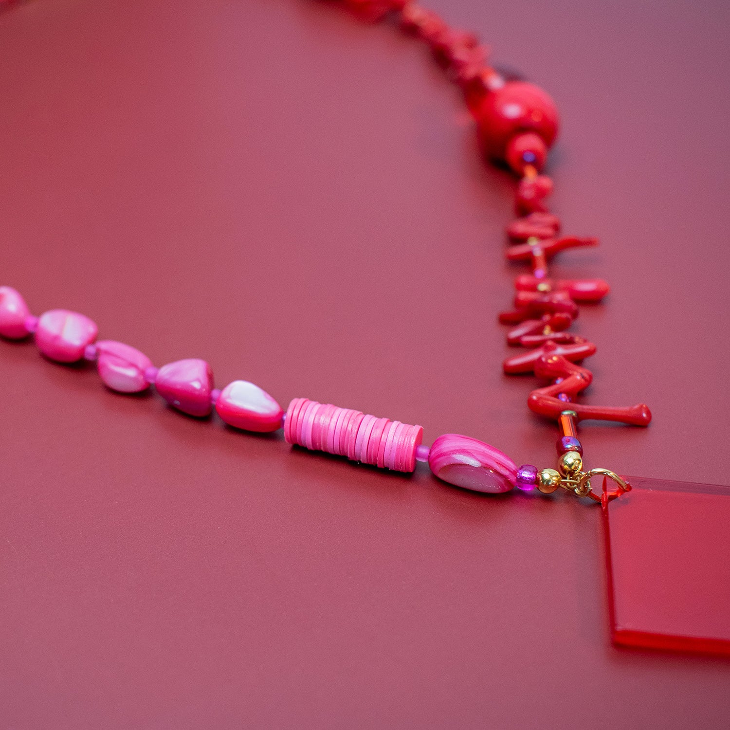 Noto Red & Fuchsia Square Charm Necklace