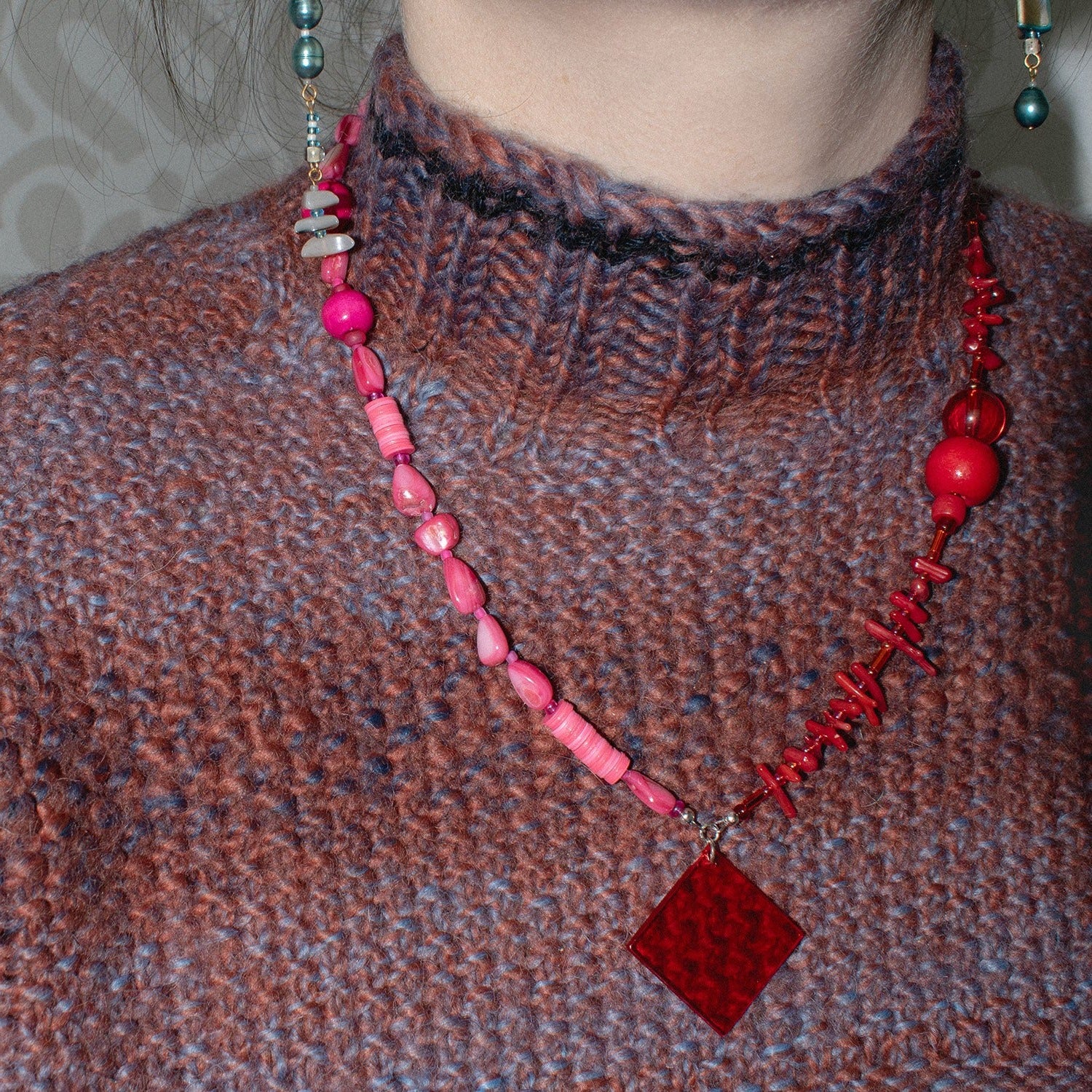 Noto Red & Fuchsia Square Charm Necklace