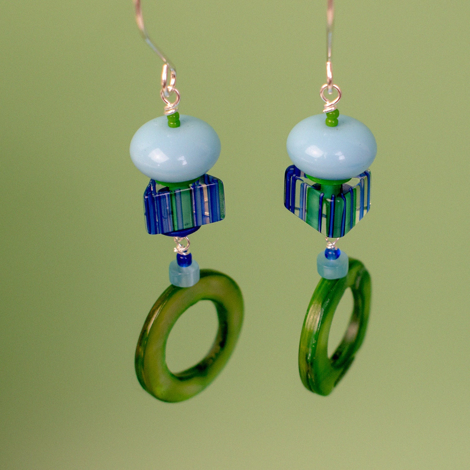 Green and Blue Donut Mother of Pearl Shell Earrings