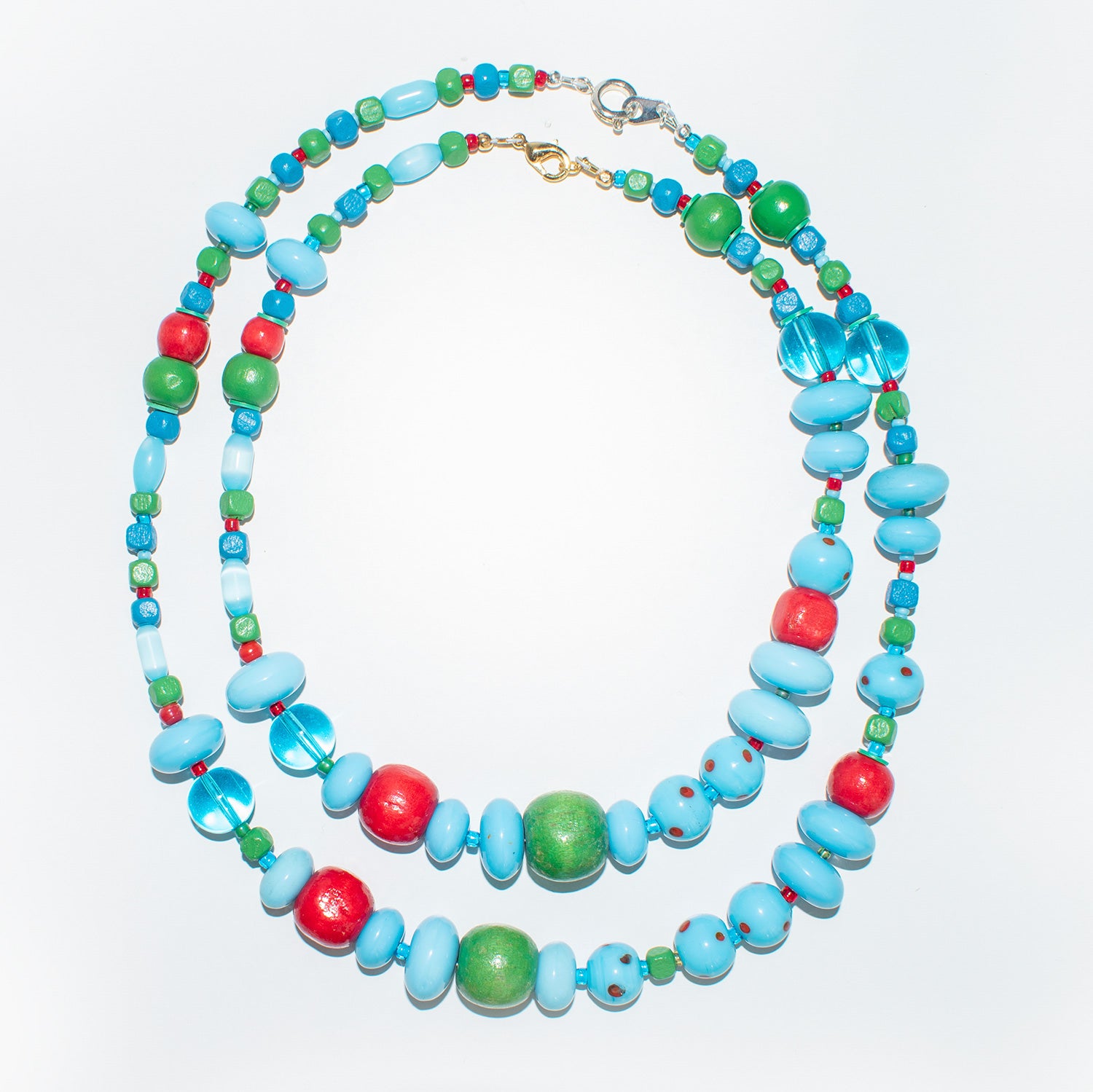 Blue Bubblegum Glass and Wood Bead Necklace