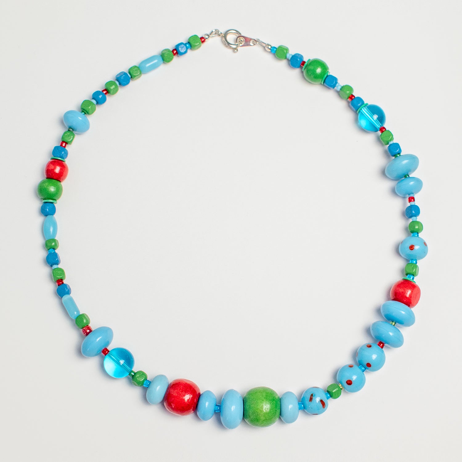 Blue Bubblegum Glass and Wood Bead Necklace