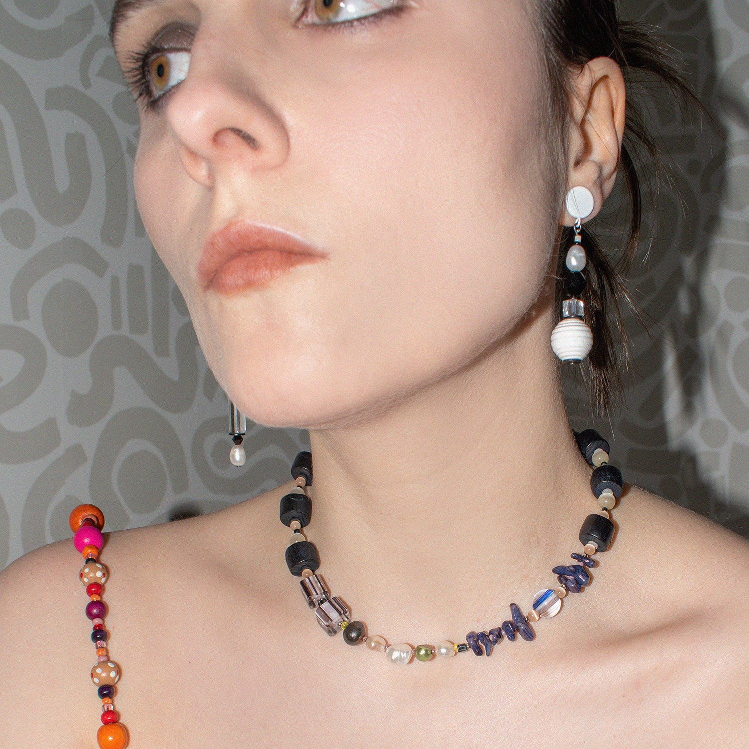 Black and White Asymmetrical Wood and Pearl Earrings