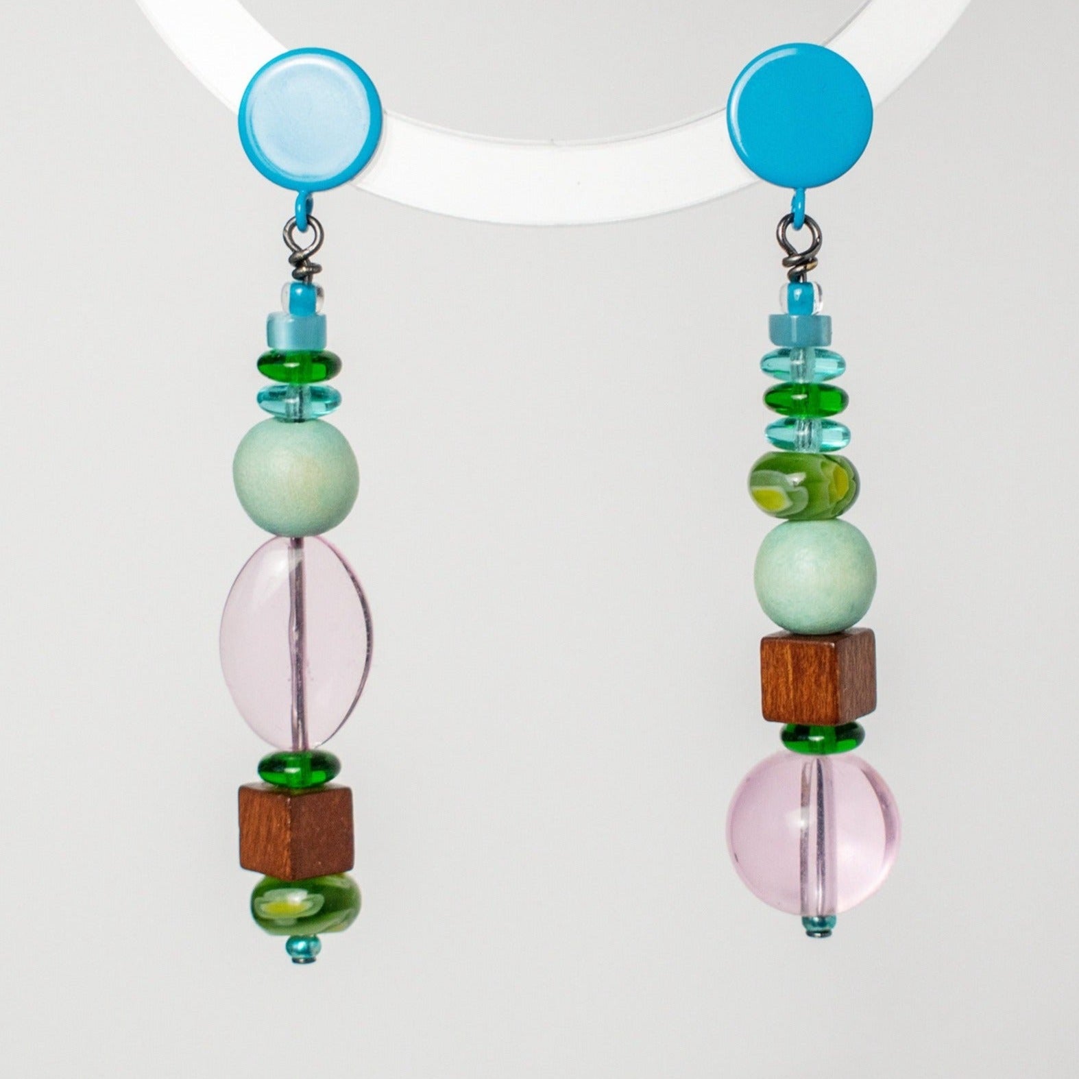 Stacked Wood and Millefiori Glass Earrings