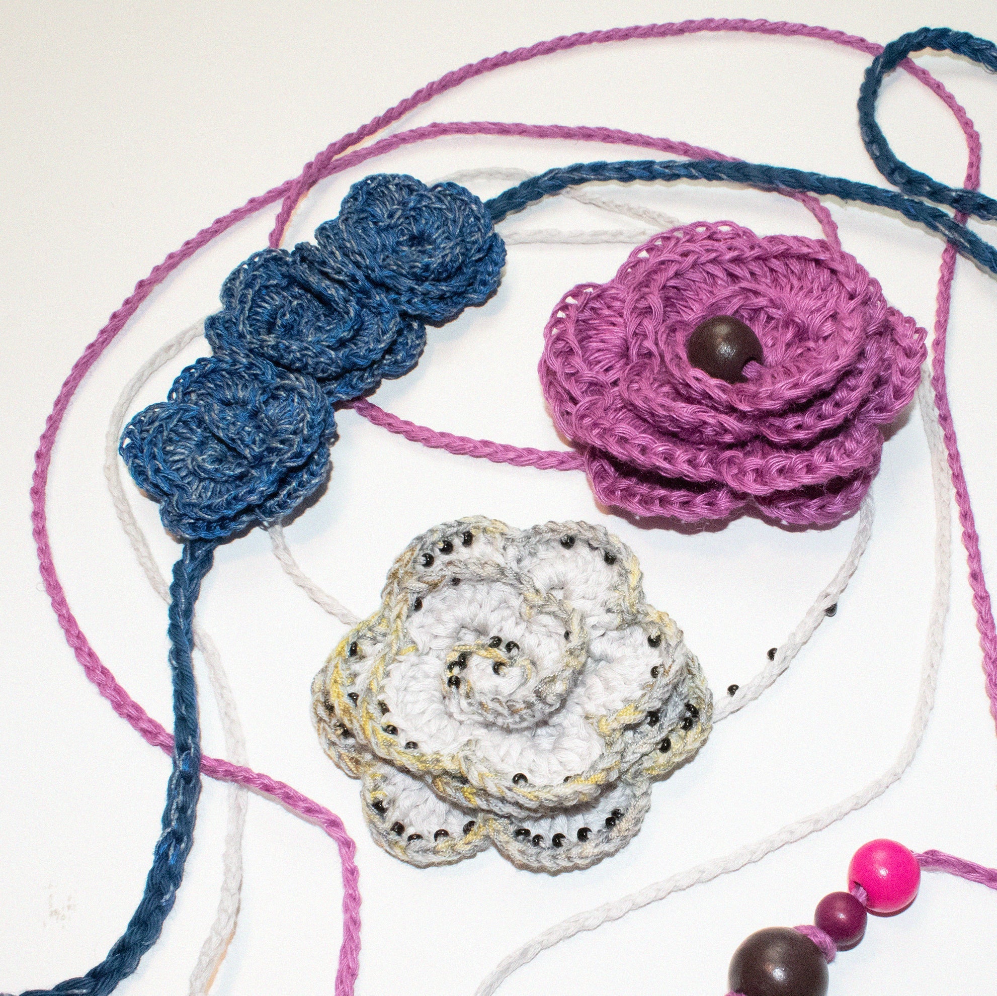 Crochet Beaded Rose Necklace Wrap in Dark Blue
