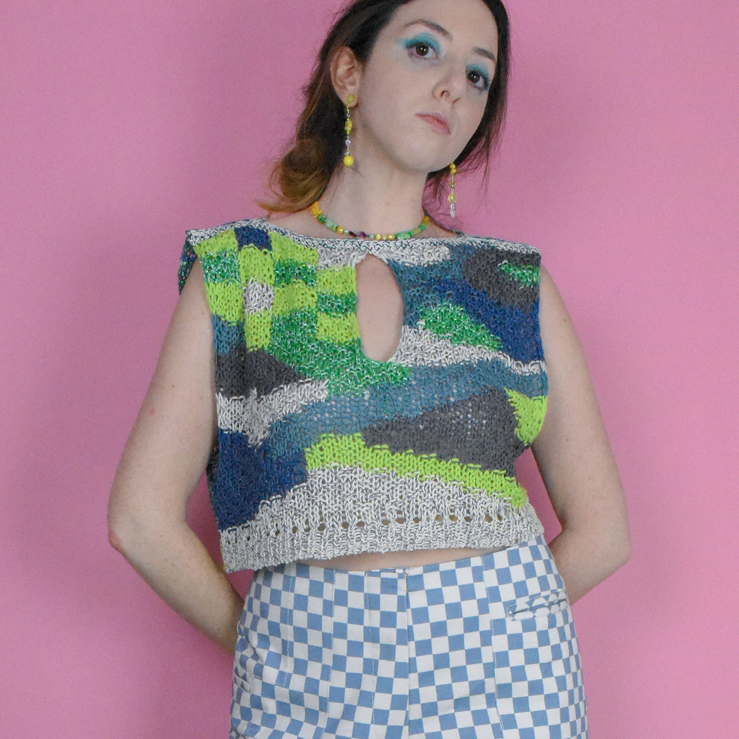 Painted Checkerboard Intarsia Top in Green