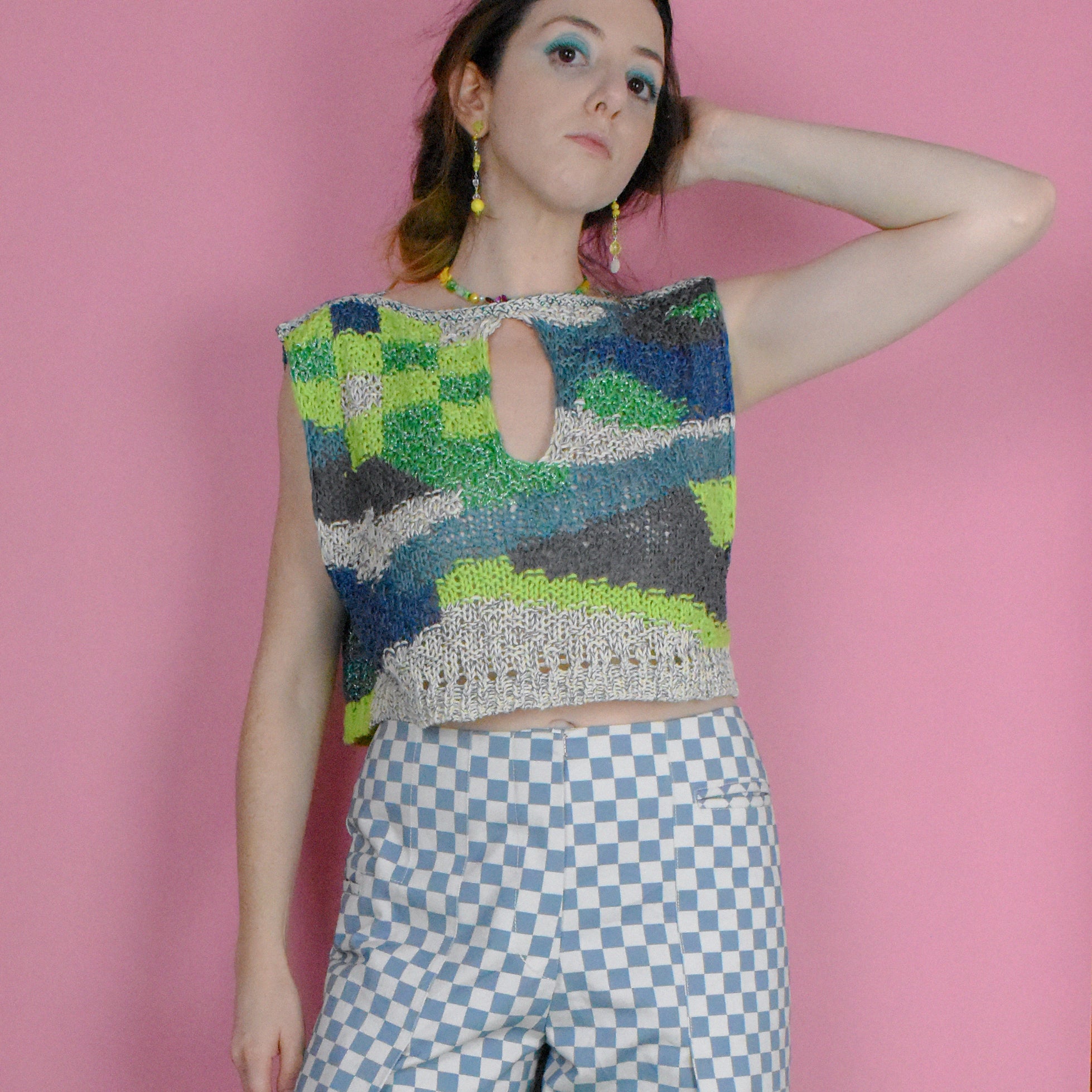 Painted Checkerboard Intarsia Top in Green