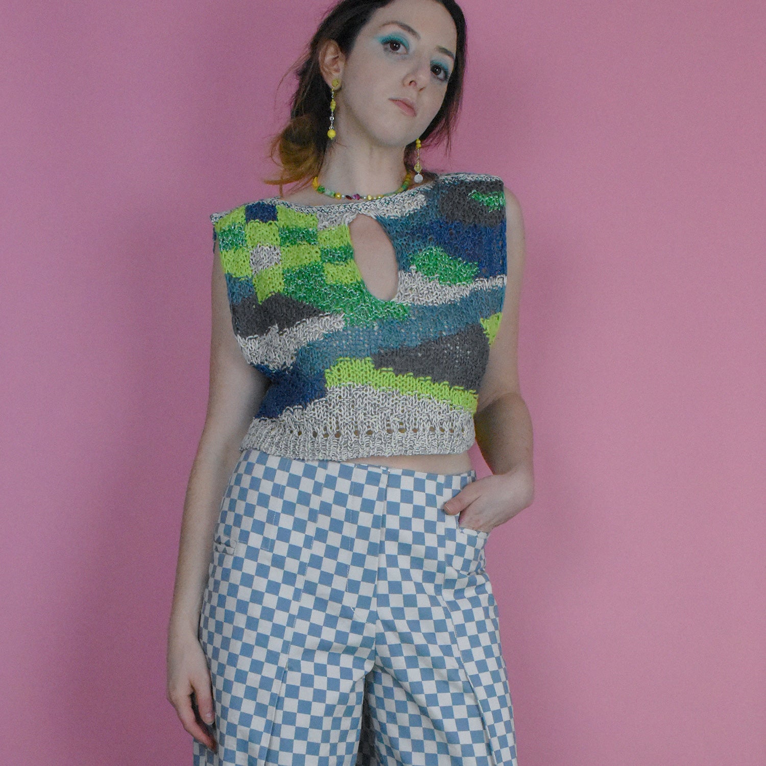 Painted Checkerboard Intarsia Top in Green