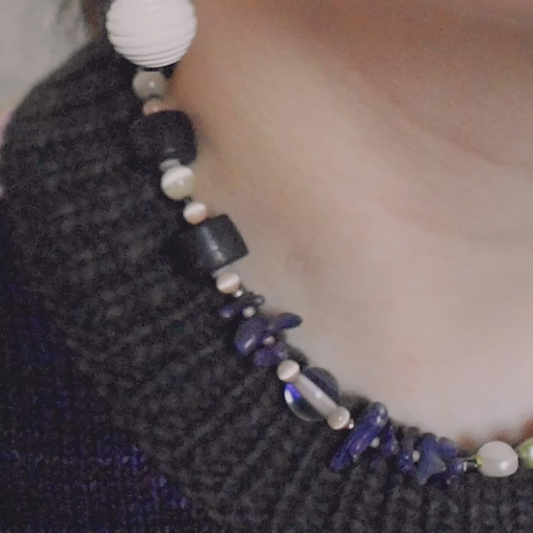 Navy Wood and Freshwater Pearl & Coral Necklace