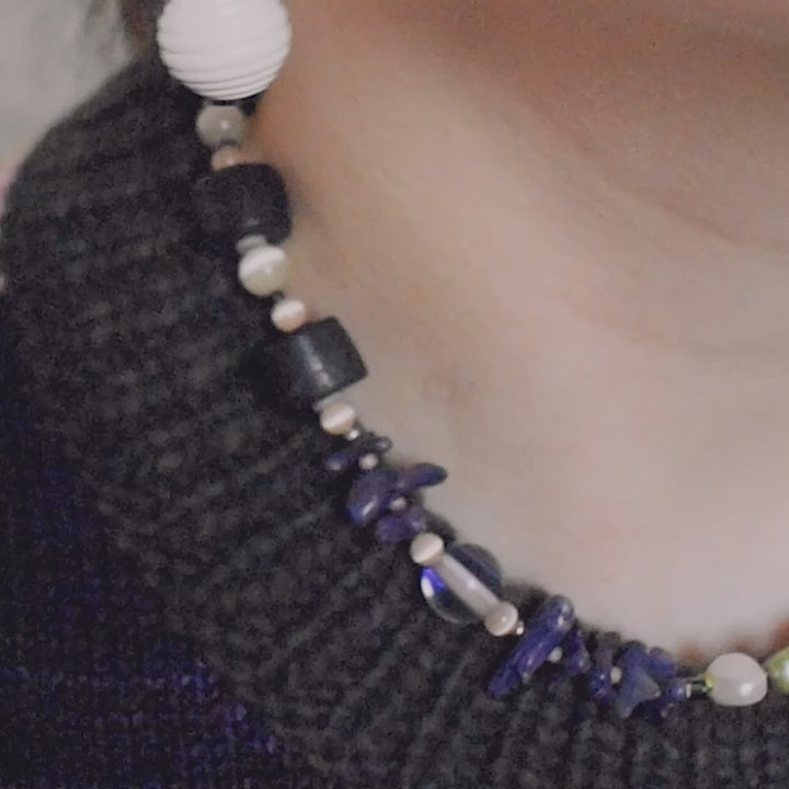 Navy Wood and Freshwater Pearl & Coral Necklace