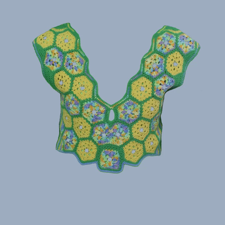 Green Multi-Color Crochet V-Neck Tank