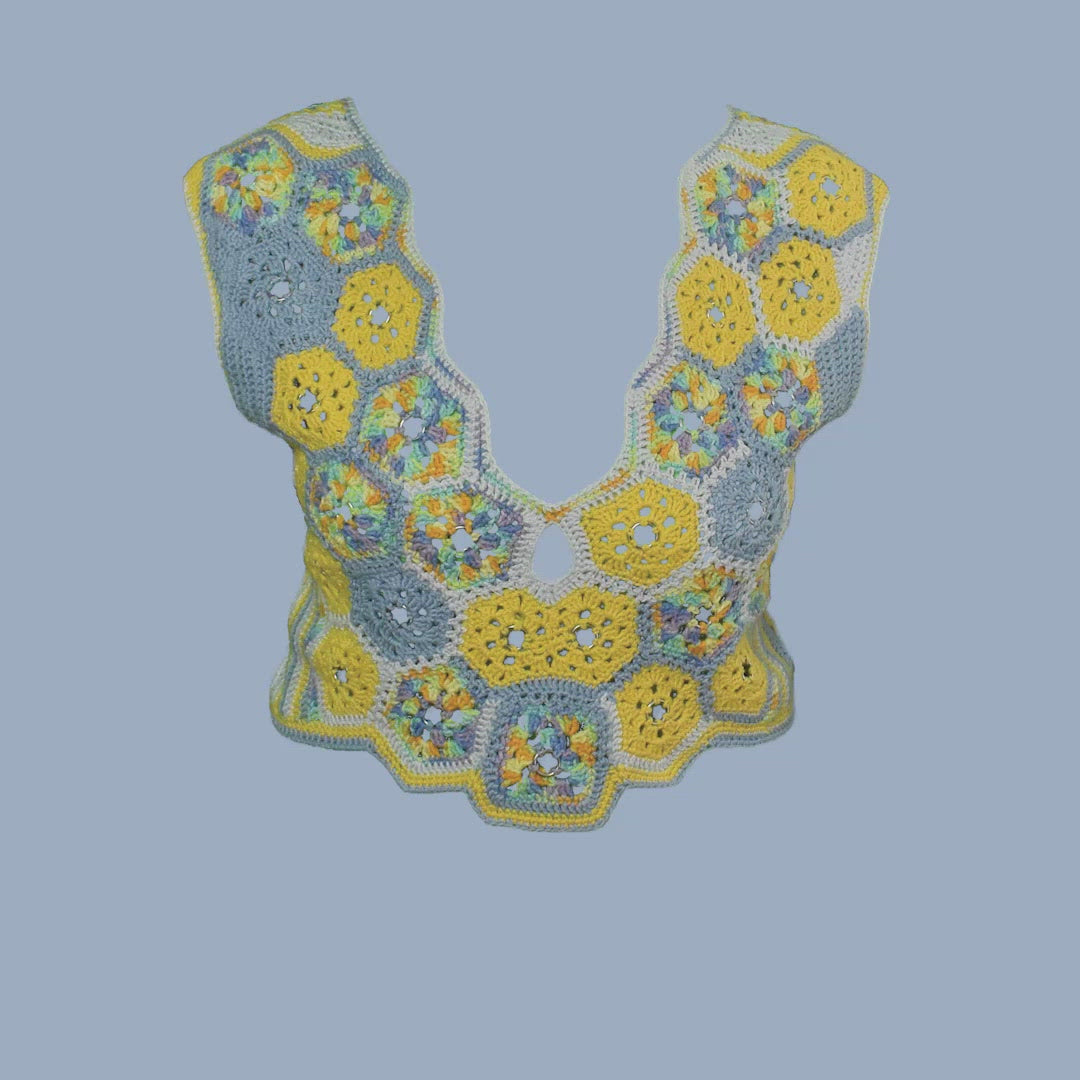 Blue Multi-Color Crochet V-Neck Tank