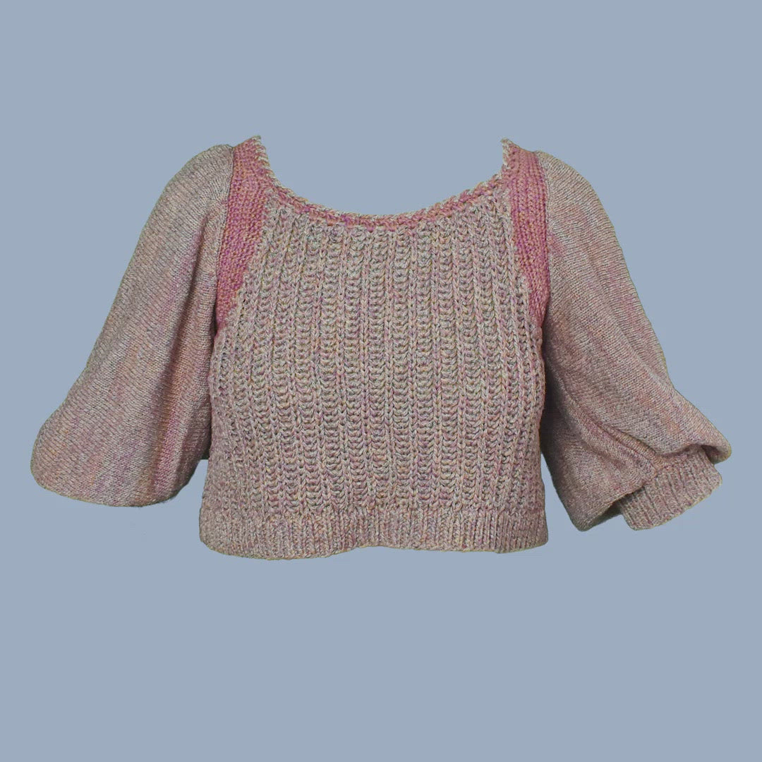 Puff Sleeve Knit Sweater Blouse with Crochet Details