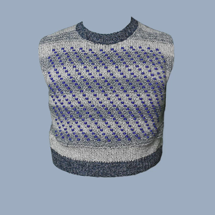 Cotton Crew-Neck Sweater Tank With Plastic Pony Beads