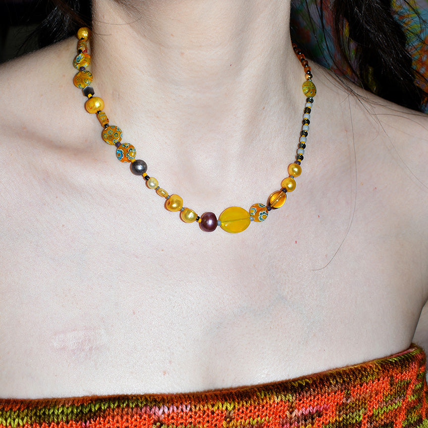 Marigold Freshwater Pearl and Millefiori Necklace