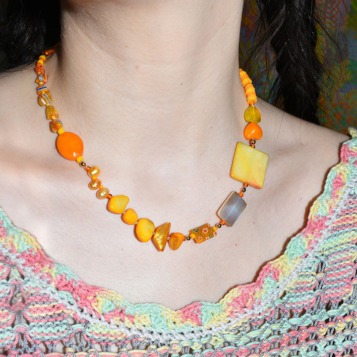 Ace Mother of Pearl And Millefiori Necklace in Apricot