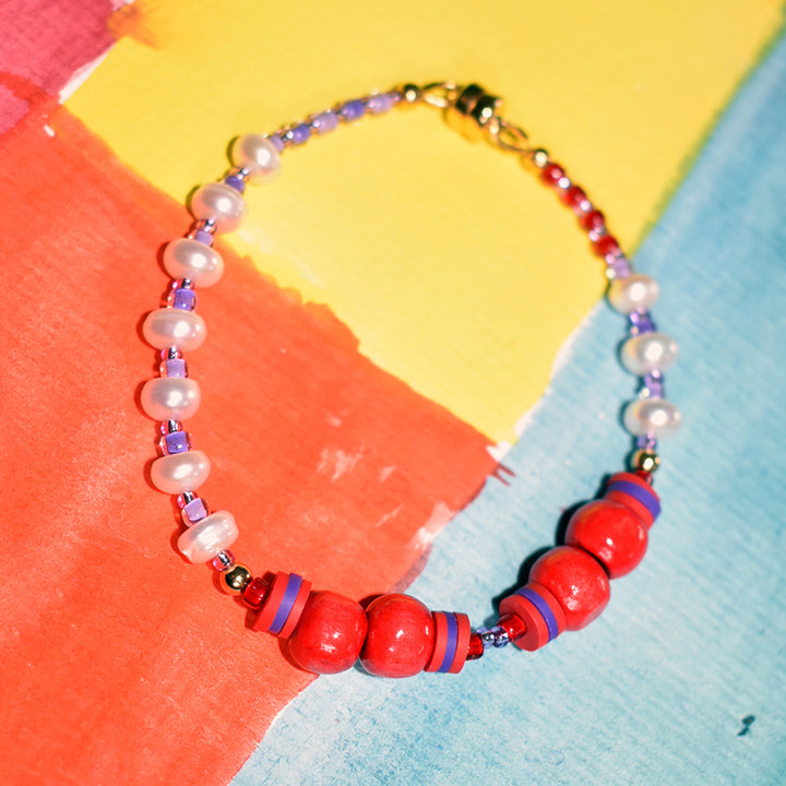 Warren Freshwater Pearl and Wood Bracelet in Rouge