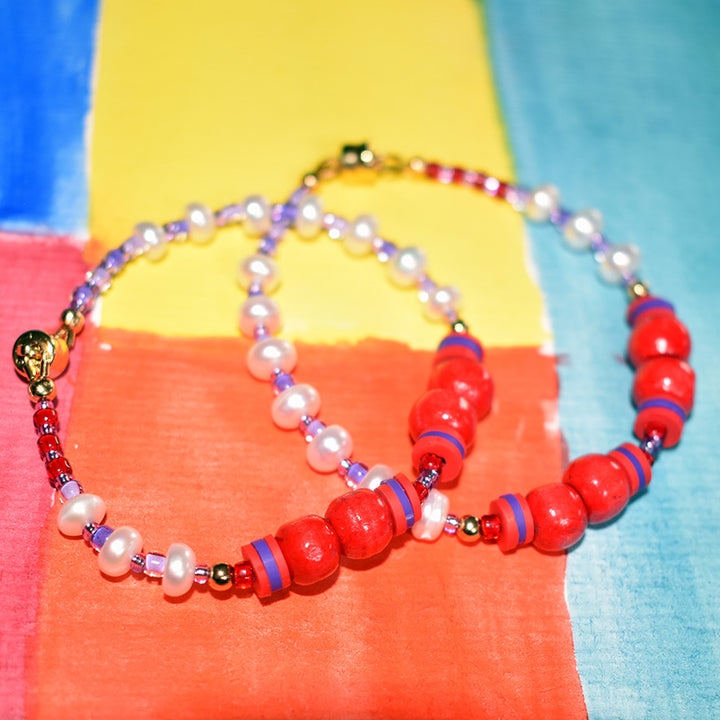 Warren Freshwater Pearl and Wood Bracelet in Rouge
