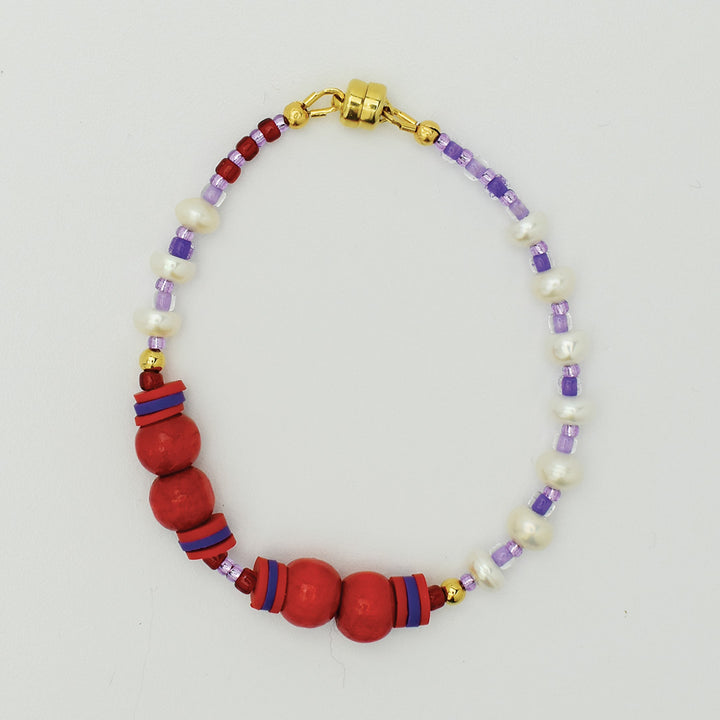 Warren Freshwater Pearl and Wood Bracelet in Rouge