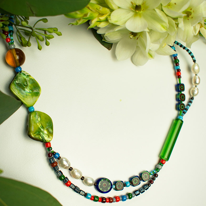 Leo Millefiori and Mother of Pearl Shell Necklace