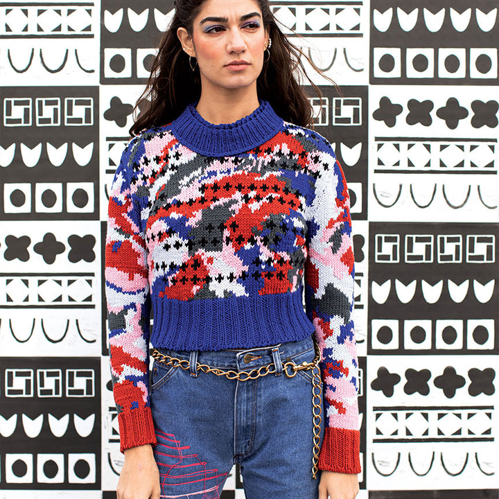 Painted Intarsia Cotton Doubled Crew-Neck Sweater