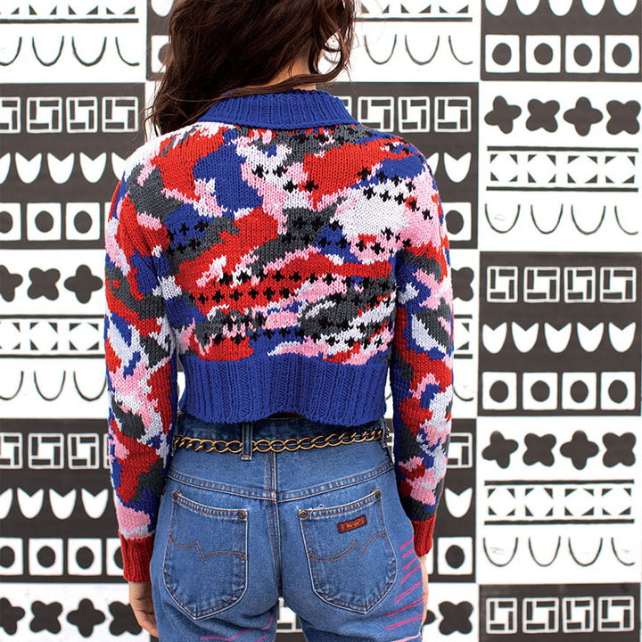 Painted Intarsia Cotton Doubled Crew-Neck Sweater