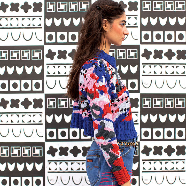 Painted Intarsia Cotton Doubled Crew-Neck Sweater