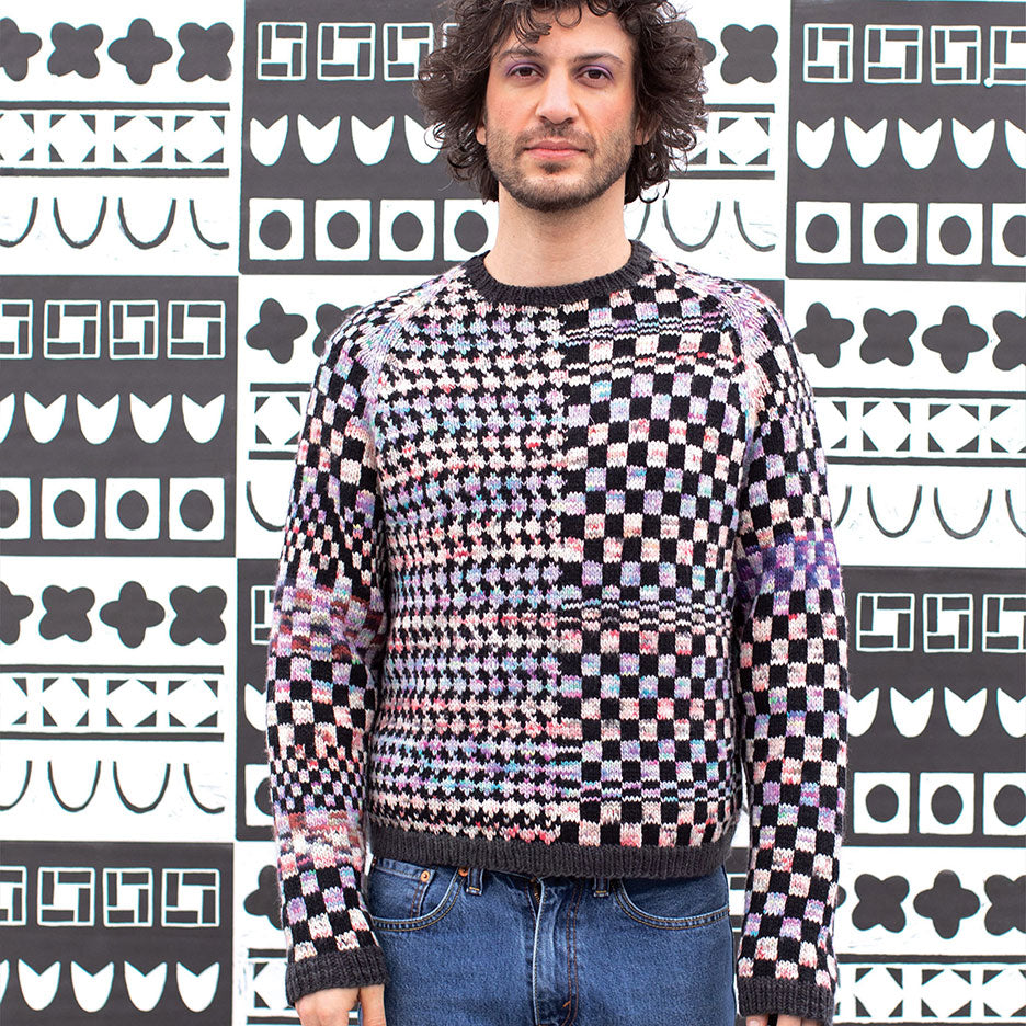 Raglan Collaged Checkerboard Sweater