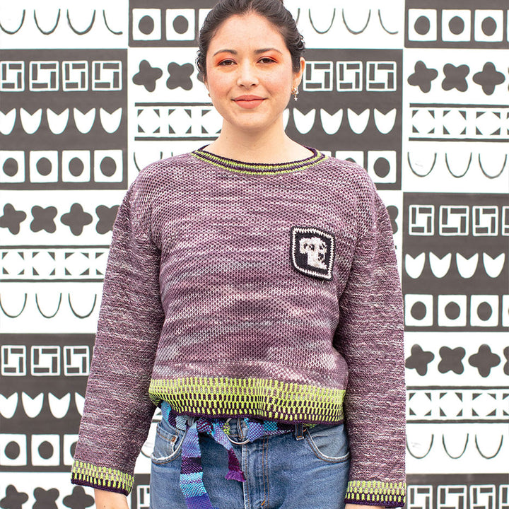 Boxy Crew Neck Dog Patch Sweater With Lime Green