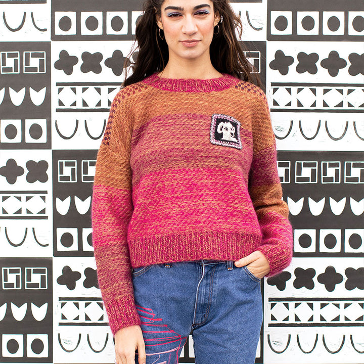 Boxy Crew Neck Dog Patch Sweater in Browns