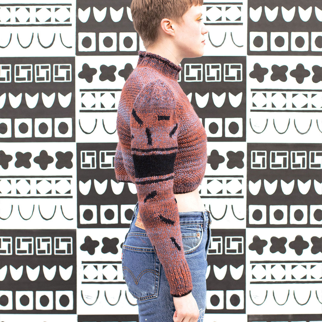 Mock-Neck Cropped Intarsia Sweater