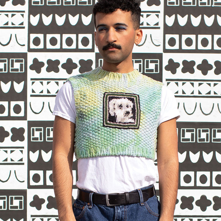 Fitted Cropped Cotton Tie-Dye Sweater With Dog Patch