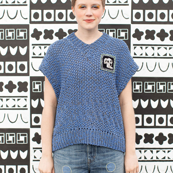 Blue V-Neck Textured Sweater with Dog Patch