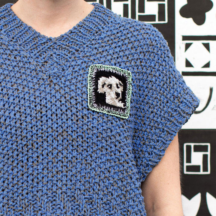 Blue V-Neck Textured Sweater with Dog Patch