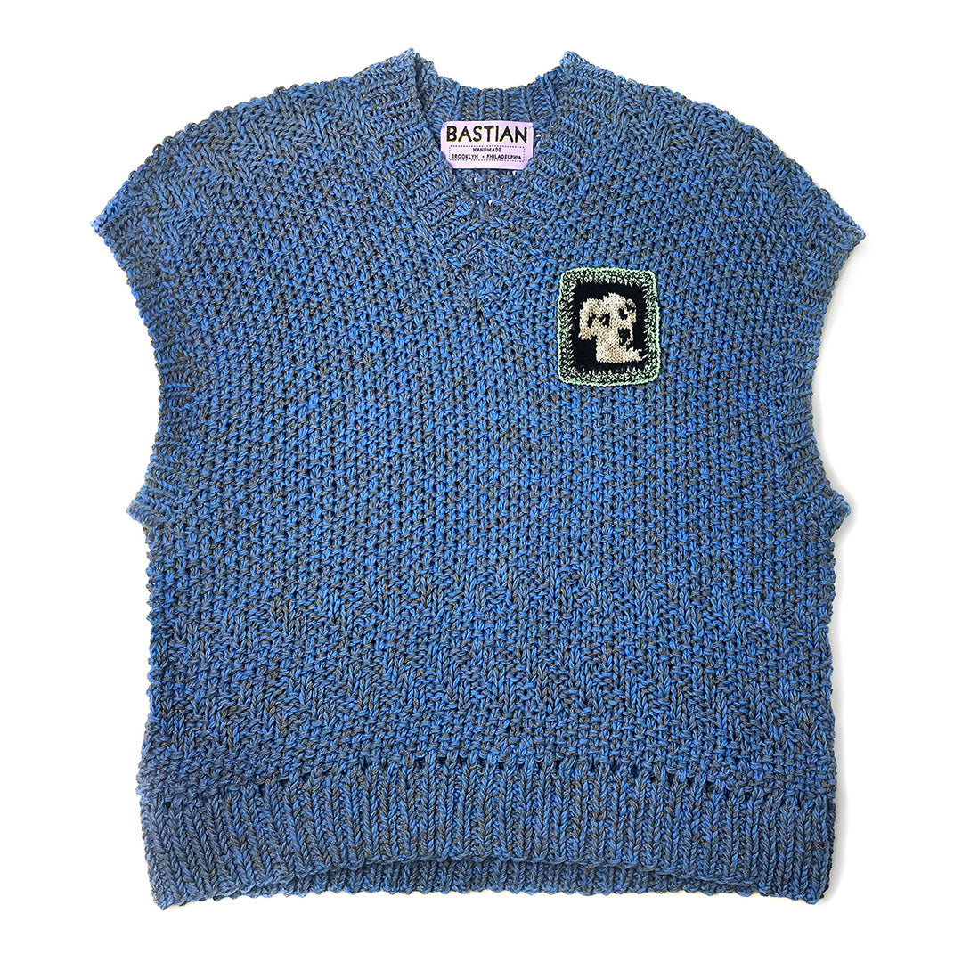 Blue V-Neck Textured Sweater with Dog Patch