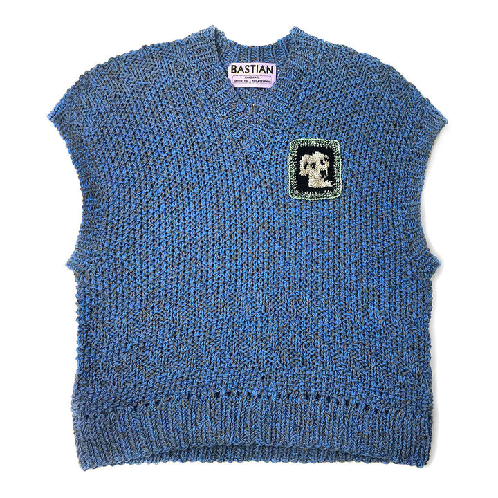 Blue V-Neck Textured Sweater with Dog Patch