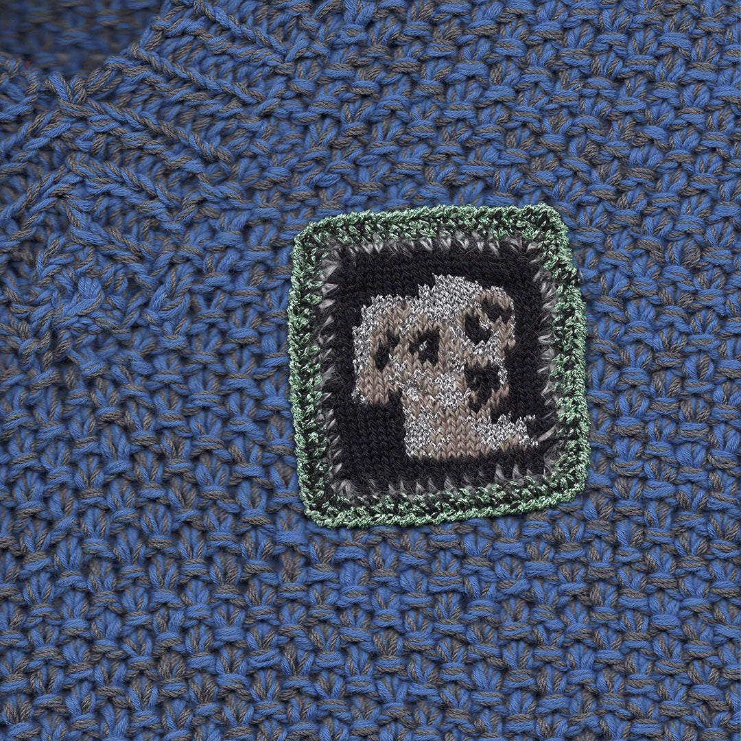 Blue V-Neck Textured Sweater with Dog Patch
