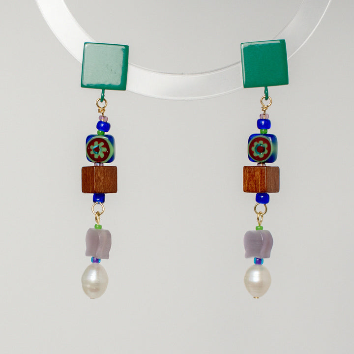 Darcy Freshwater Pearl and Wood Dangle Earrings