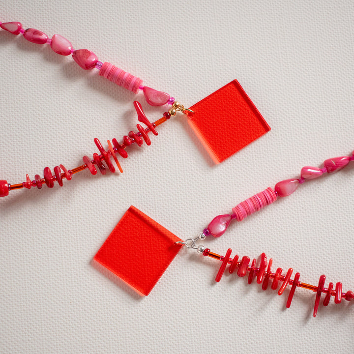 Noto Red & Fuchsia Square Charm Necklace