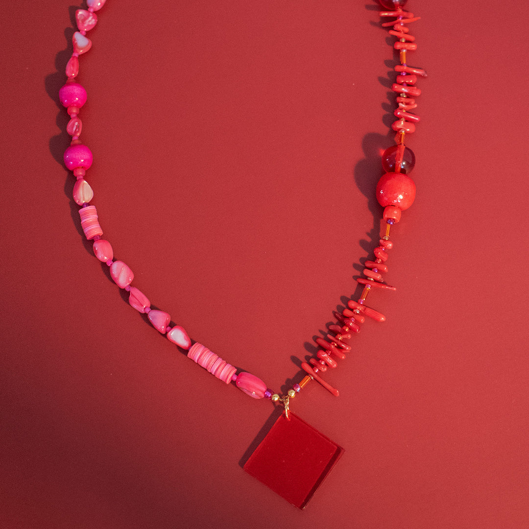 Noto Red & Fuchsia Square Charm Necklace