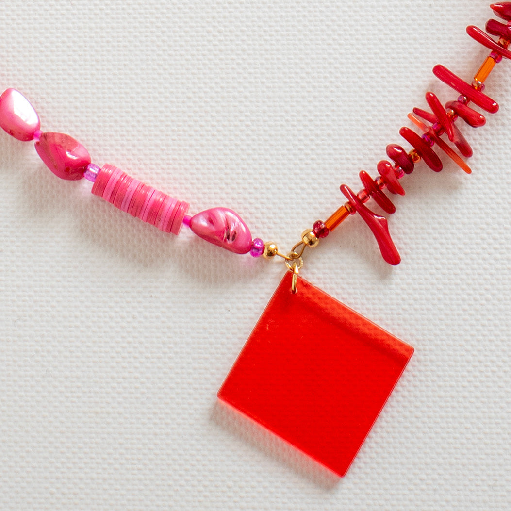 Noto Red & Fuchsia Square Charm Necklace