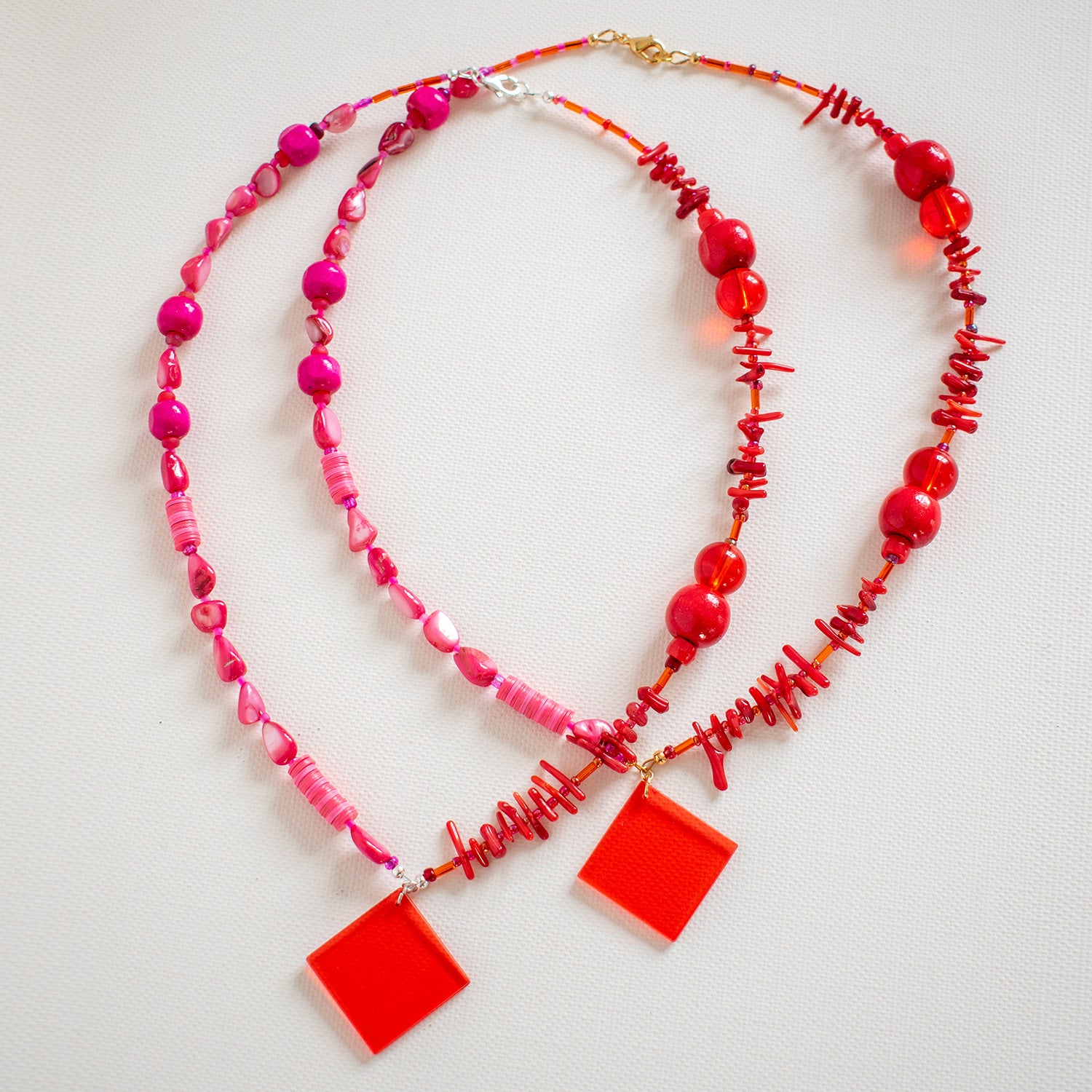 Noto Red & Fuchsia Square Charm Necklace
