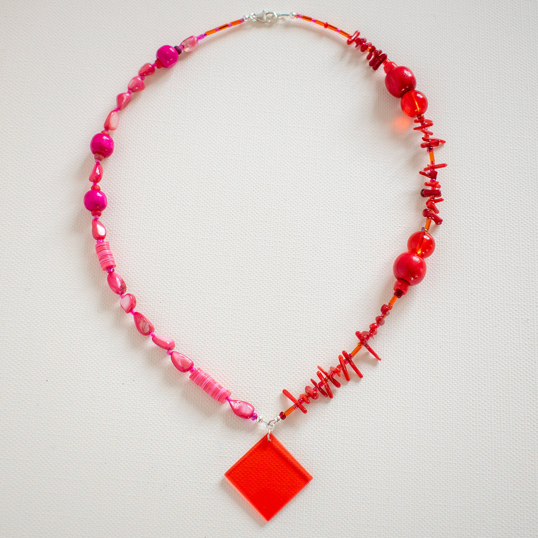 Noto Red & Fuchsia Square Charm Necklace