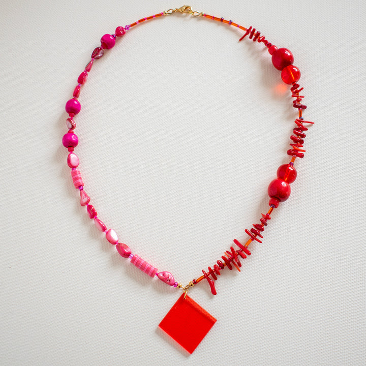 Noto Red & Fuchsia Square Charm Necklace