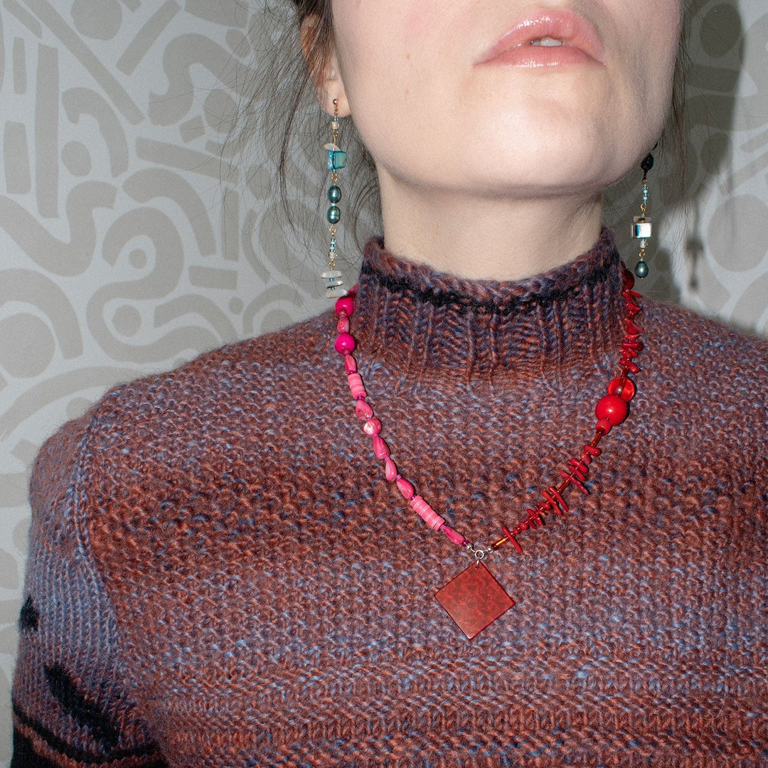 Noto Red & Fuchsia Square Charm Necklace