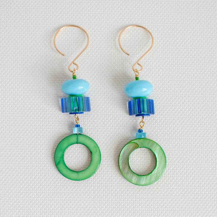 Green and Blue Donut Mother of Pearl Shell Earrings