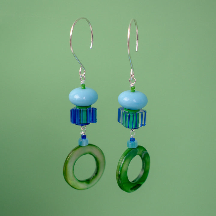 Green and Blue Donut Mother of Pearl Shell Earrings