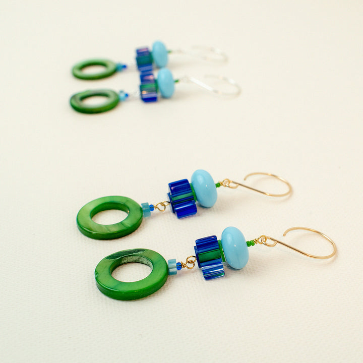 Green and Blue Donut Mother of Pearl Shell Earrings