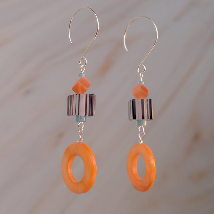 Orange Donut Mother of Pearl Shell Earrings